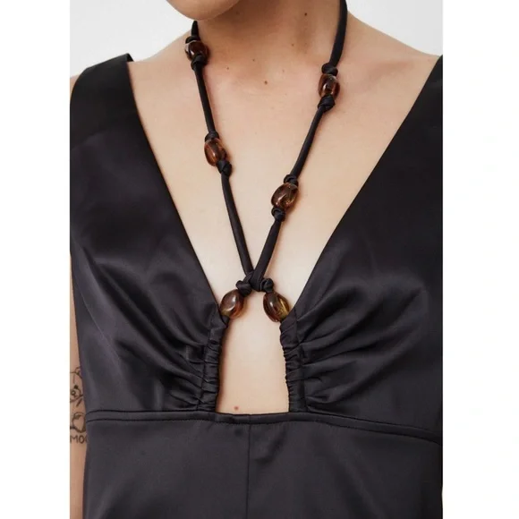 GANNI Satin Beaded Crisscross Halter Tie V-Neck Empire Waist Sleeveless Dress S - Picture 12 of 14